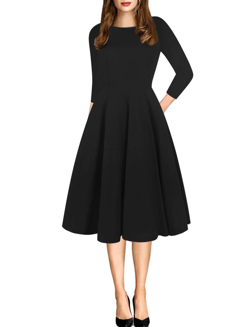 oxiuly Women's Vintage Patchwork Pockets Puffy Swing Casual Party Dress OX165 (Black Solid7, l) - Image 1